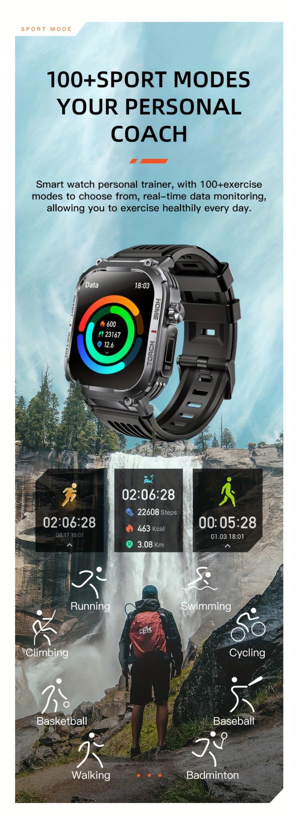 Smart Watch 2.02-Inch Rugged TFT Display with 500mAh Battery, LED Flashlight and Wireless Calling