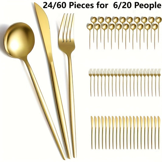 Gold Silverware Set 60 Pcs Service for 20 for Entryways, Bedrooms and Living Spaces, with the Listed Configuration