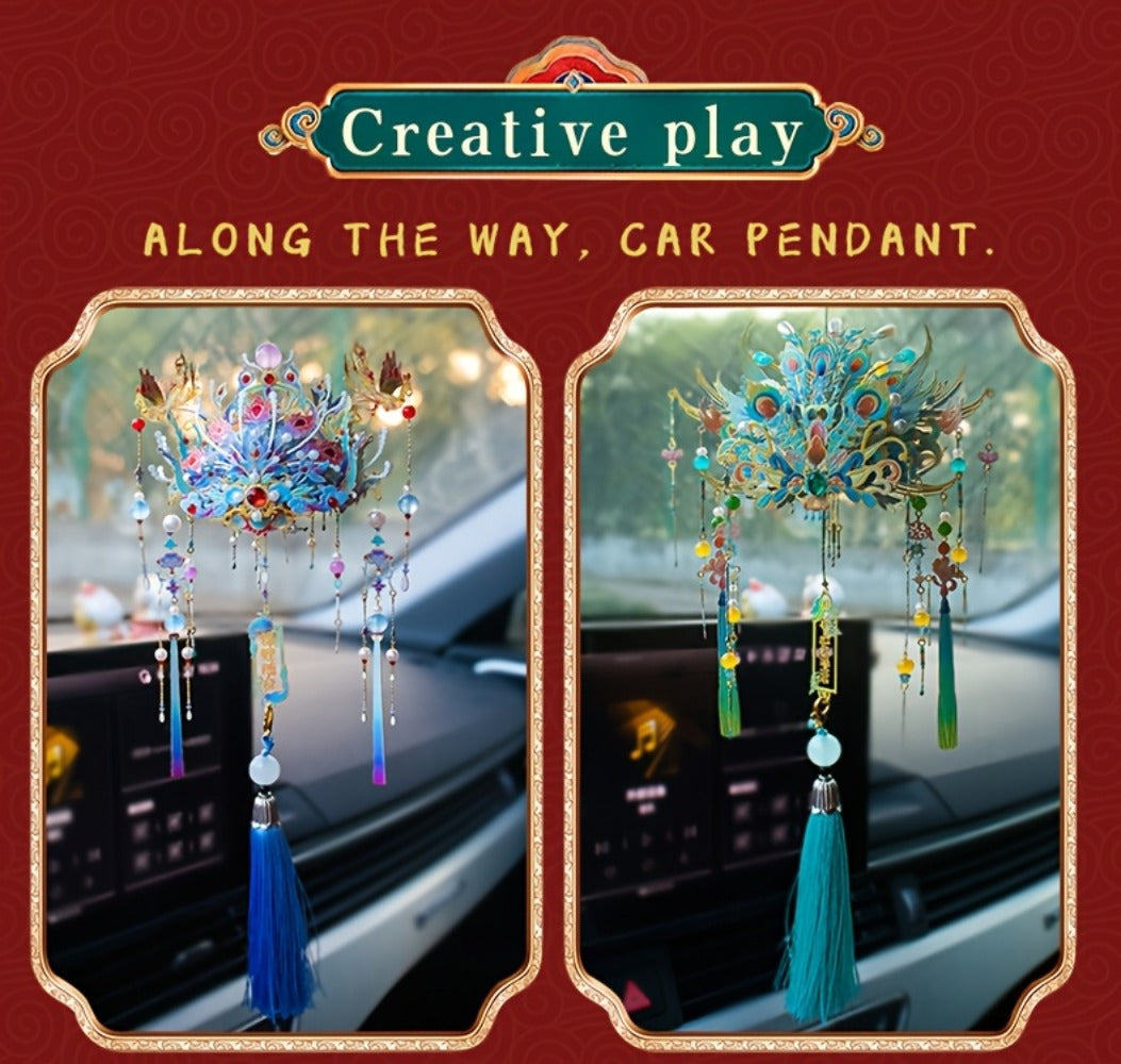 3D Metal Puzzle Phoenix Crown Qingluan – Blue & Gold DIY Assembly with Beads & Tassels, Chinese Mythology Art Collectible