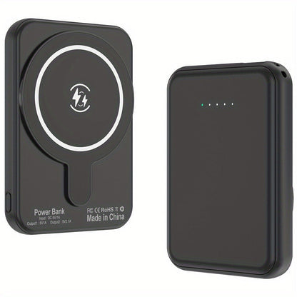 Black 10000mAh-Labeled Magnetic Wireless Power Bank with Dual USB-A Ports and Indicator Lights