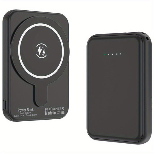 Black 10000mAh-Labeled Magnetic Wireless Power Bank with Dual USB-A Ports and Indicator Lights