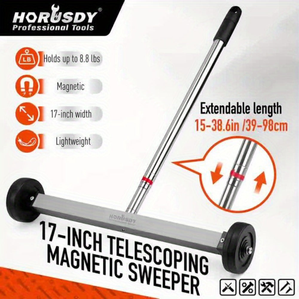 Rolling Magnetic Sweeper 17-Inch with Wheels – Heavy Duty 8.8lb Capacity Telescoping Adjustable Handle 15–38 Inch Picks Up Screws Nails Nuts
