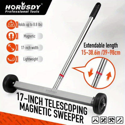 Rolling Magnetic Sweeper 17-Inch with Wheels – Heavy Duty 8.8lb Capacity Telescoping Adjustable Handle 15–38 Inch Picks Up Screws Nails Nuts