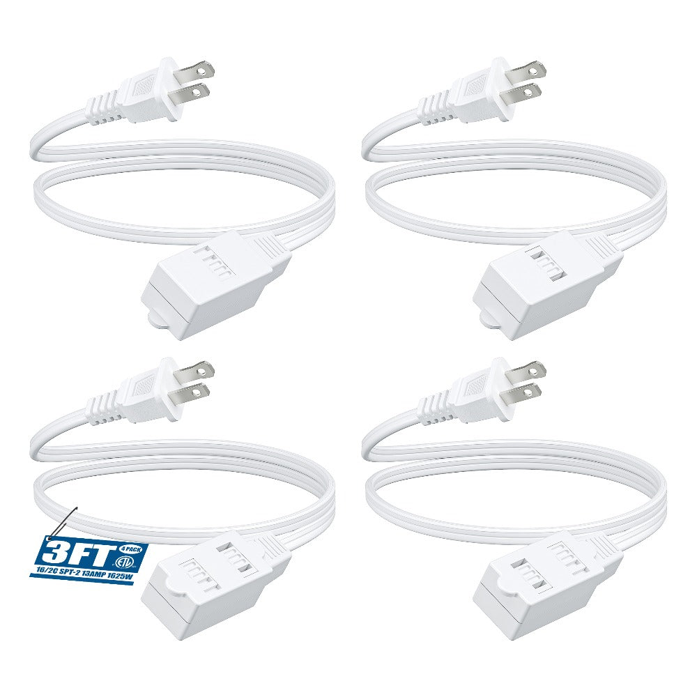 Extension Cord 4 Pack 3FT 3-in-1 Outlet 2 Prong Plugs 16AWG SPT-2 Cable Twist-Lock Safety for Entryways, Bedrooms and Living Spaces