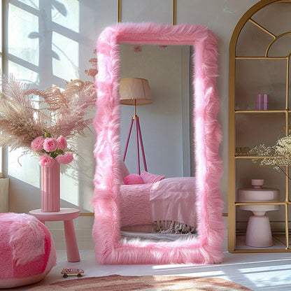 Full Length Mirror with Faux Fur Frame 24x63 Inch Leaning Floor Mirror for Bedroom Living for Entryways, Bedrooms and Living Spaces