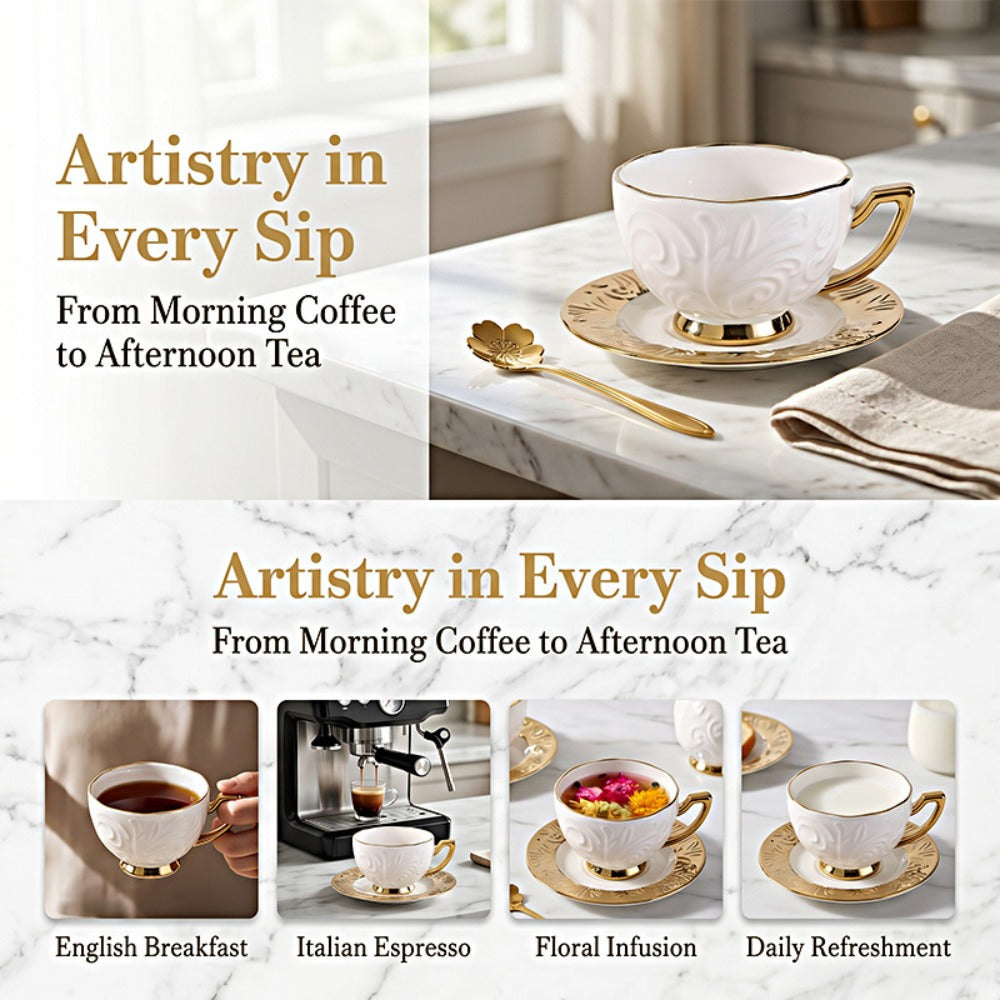 Espresso Cups Set 12 Pcs, 7.44 Oz Small Ceramic Cappuccino Cup Set with 6 Cups, 6 Trays & 6 Spoons