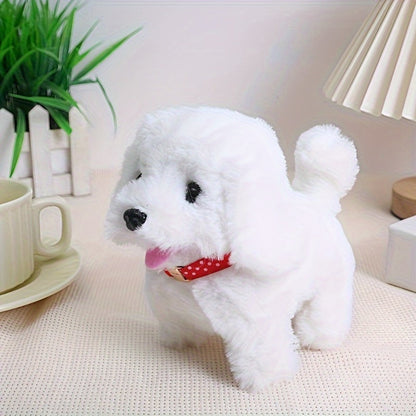 White Realistic Robot Dog Toy, Interactive Walking, Barking & Tail Wagging, Expressive Eyes, Plush Biomimetic Pet