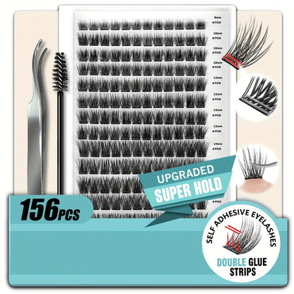 156-Piece Mixed Self-Adhesive Lash Cluster Tray with Black Tweezers and Spoolie Brush in Mixed Style