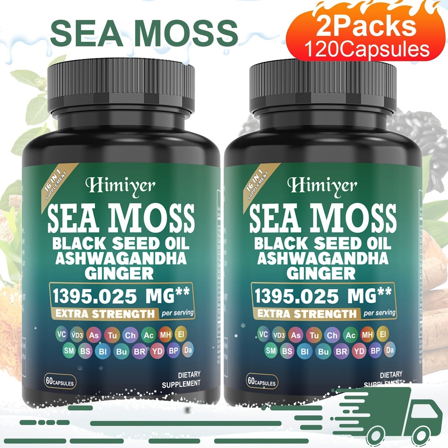 Sea Moss Ashwagandha Capsules 16-in-1 with Black Seed Oil Turmeric Cinnamon, Boosts Energy Immunity & Athletic Performance