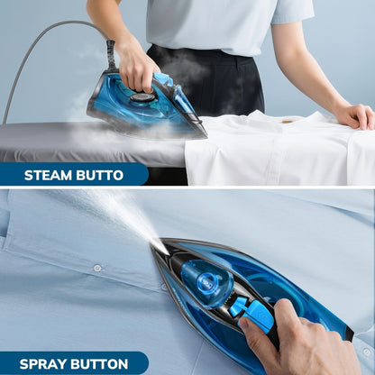 Steam Iron Non-Stick Bottom Plate High Pressure Anti-Calc Safety Protection Adjustable Temperature Steam Settings Dry Wet Clothes Fast