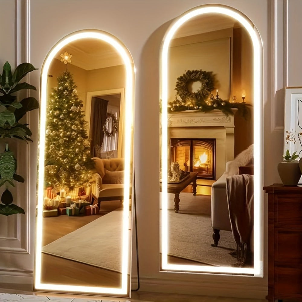 Full Length Mirror Floor Standing with LED Light – Arched & Rect Aluminum Frame Dressing Mirror for Bedroom Living Room, Black/Golden/White