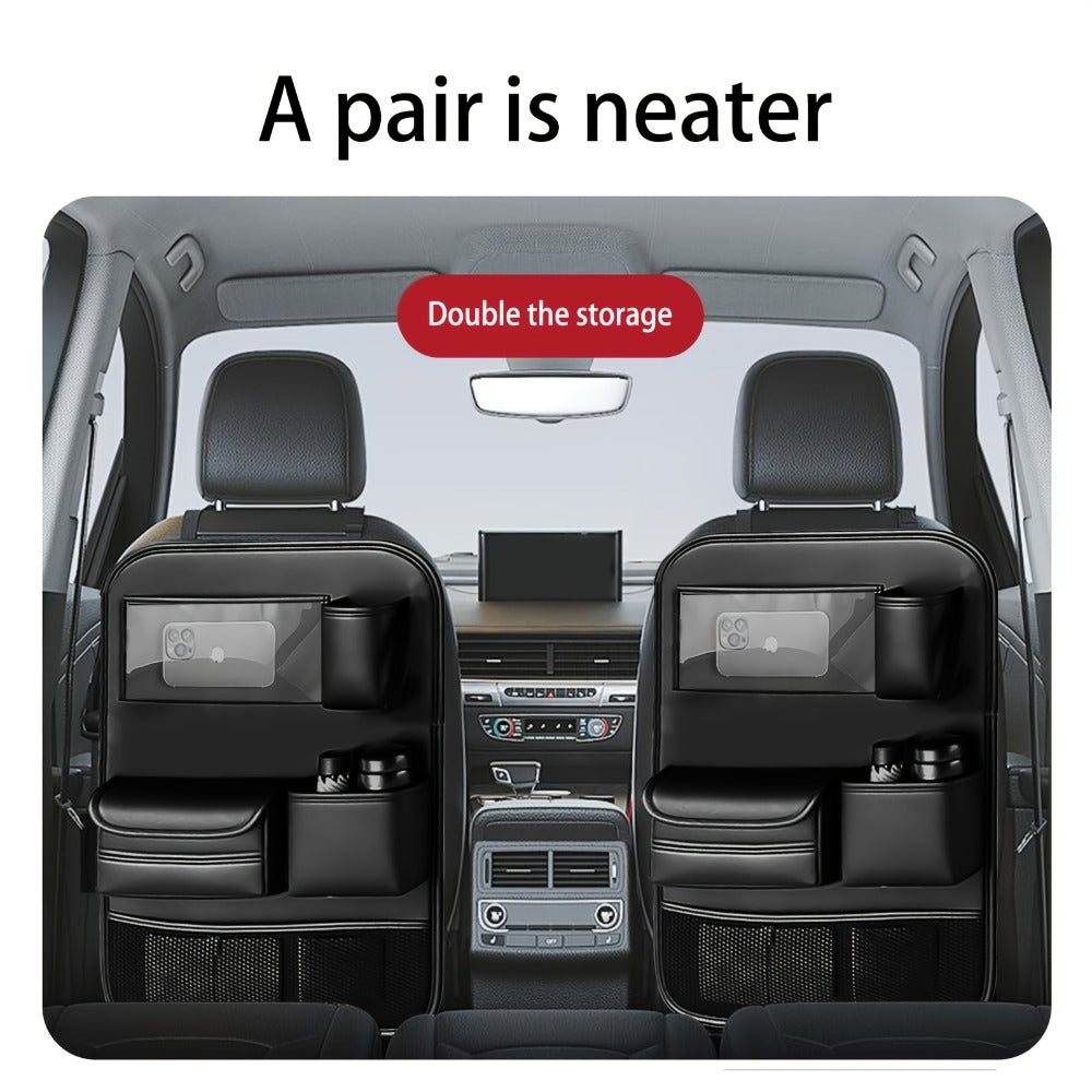 Car Backseat Organizer with Foldable Table Tray & Tablet Holder – PU Leather Seat Back Protector Kick Mat