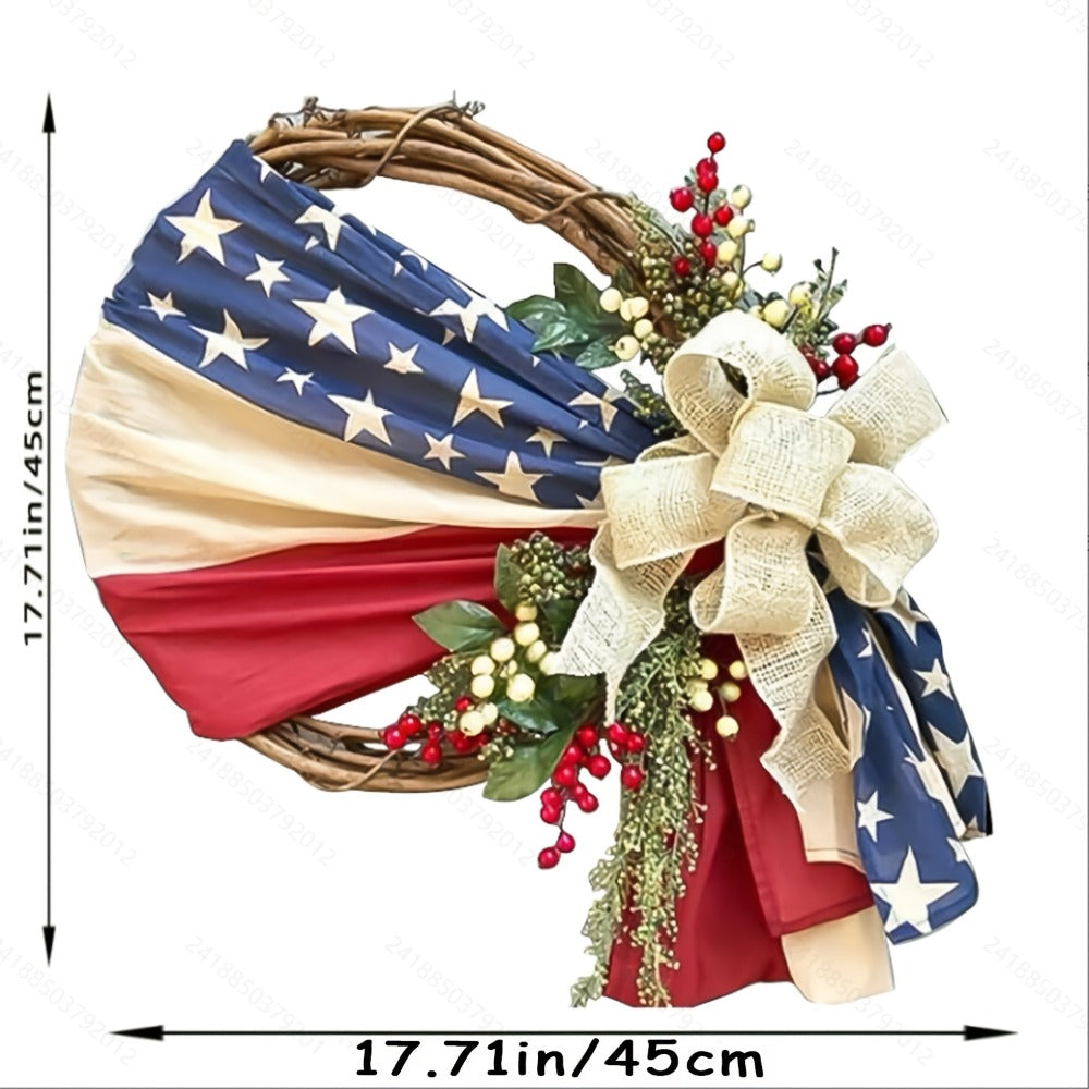 Patriotic 4th of July Door Wreath – Red White & Blue American Flag Wreath with Burlap Bow for Independence Day