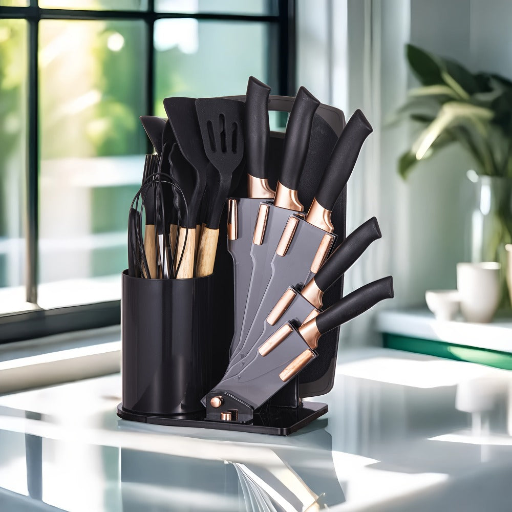 Kitchen Knife Set 19-Piece with Stainless Steel Blades, Wood Handles, Silicone Utensils, Board, Shears and Holder