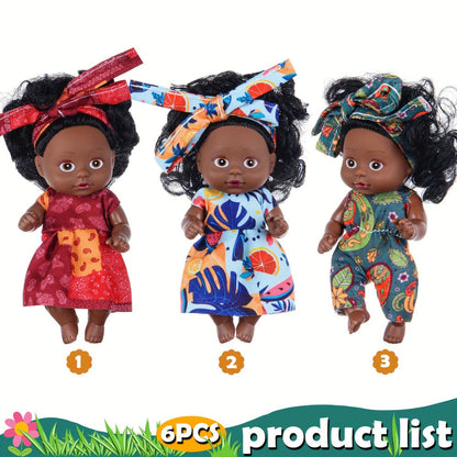 Miniature Girl Doll Set 6 Pcs 4 Inch Articulated Arms & Legs, Colorful Outfits Printed Headscarf