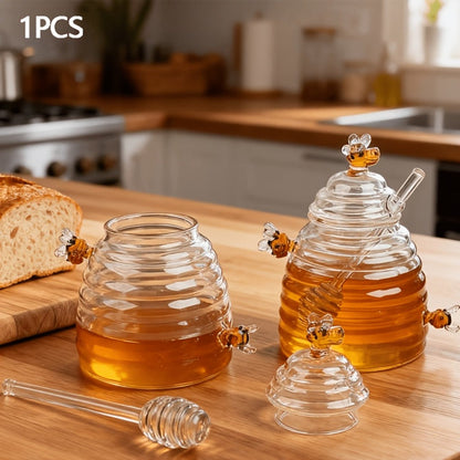 480ml Beehive-Shaped Glass Storage Jar with Honeycomb Accents, Matching Lid and Spiral-Ended Stirrer