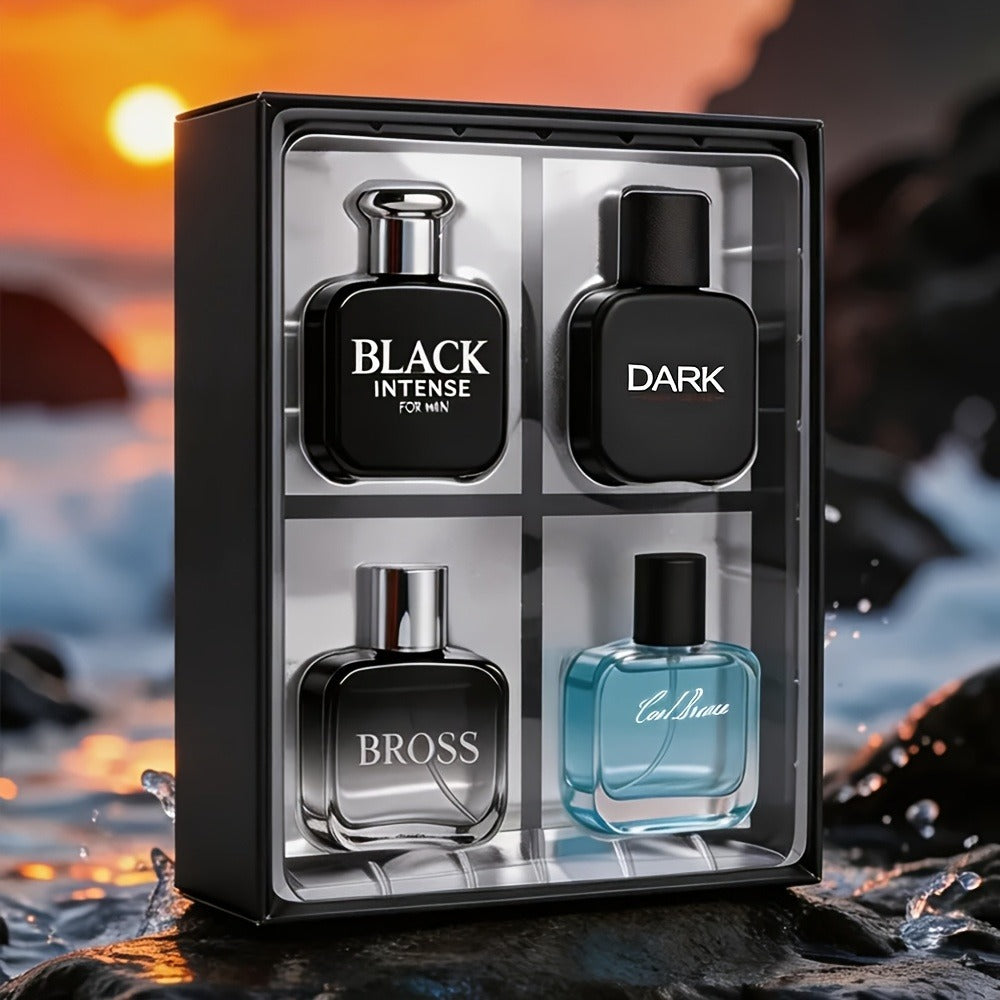 Perfume Gift Set for Men with Four 30ml Eau de Parfum Sprays in Black Box and Separate 1.5oz Body Mist