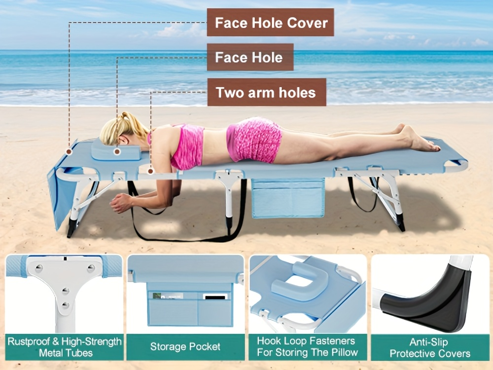 Folding Chaise Lounge Chair for Outdoor Tanning – 5-Position Adjustable Sunbathing Lounger with Face Hole for Pool, Beach & Backyard