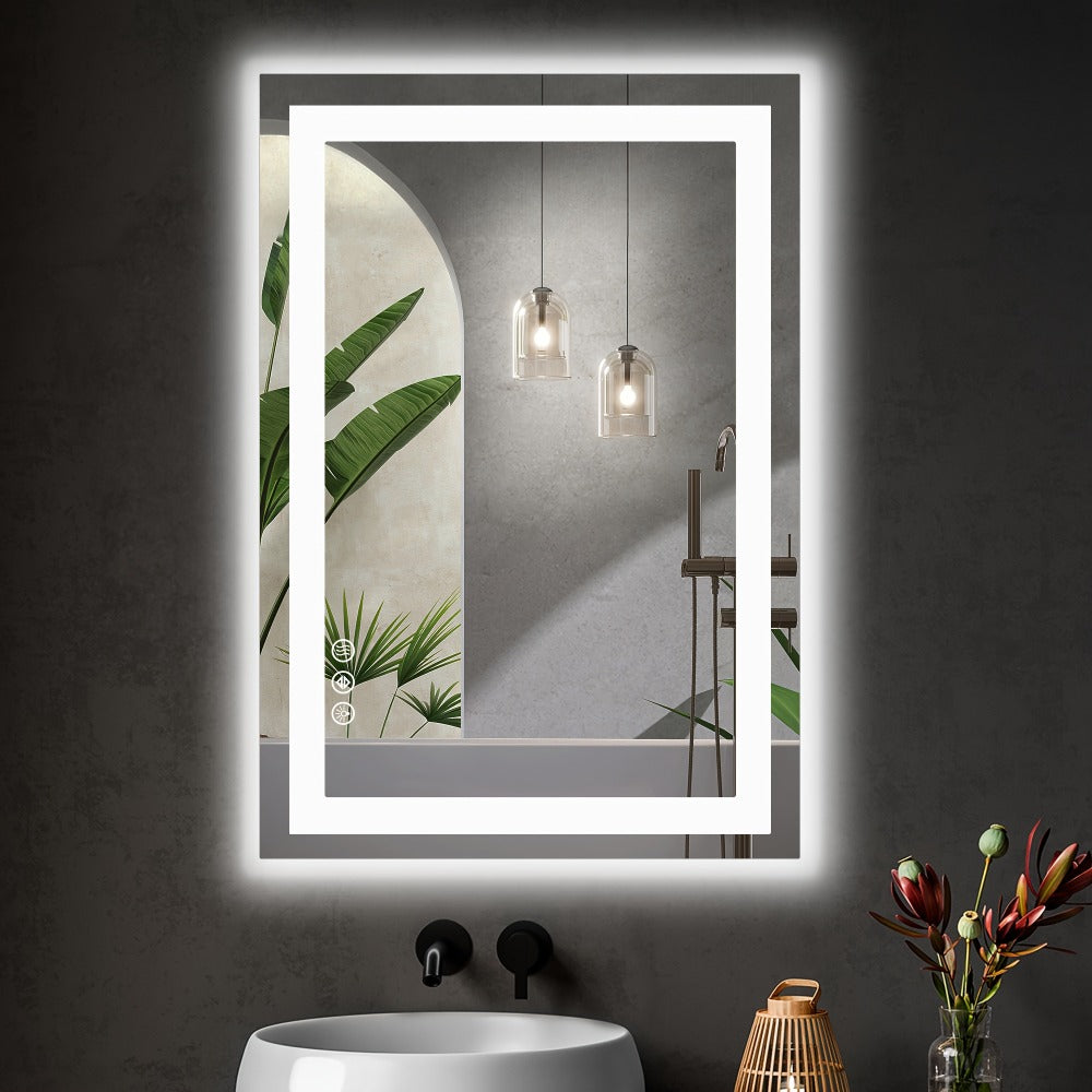 LED Bathroom Mirror with Anti-Fog, Dimmable Vanity Mirror, 3 Color Lighting Modes, Dual Light, Wall Mounted Horizontal or Vertical
