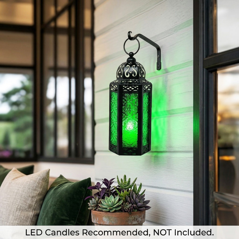 Moroccan Candle Lantern Holder - Decorative Metal & Glass Lantern with Embossed Floral Design for Indoor Home Decor
