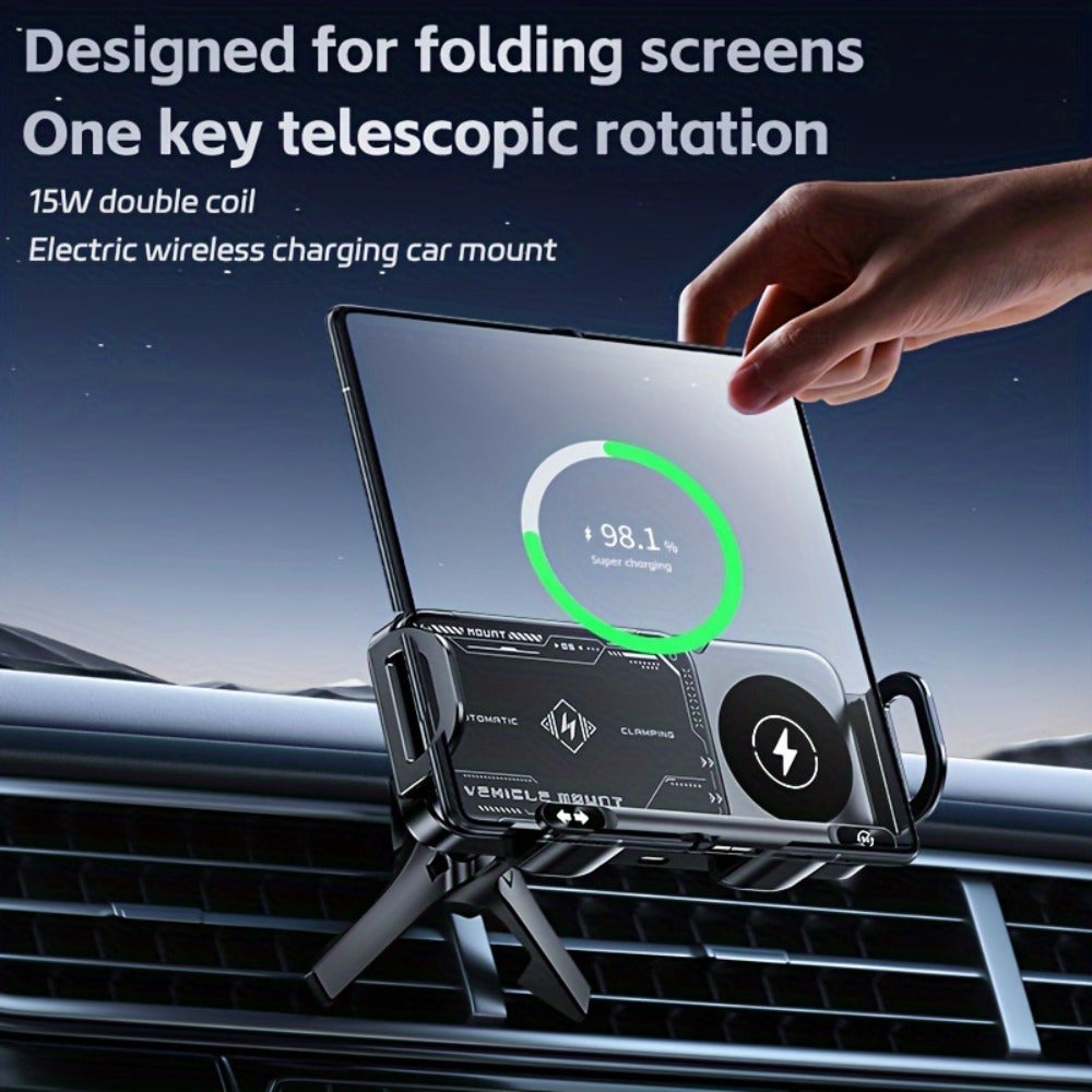 Dual-Coil Wireless Charging Car Mount with 15W Label, Fold-Screen Support and Three Configurations