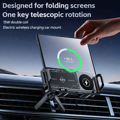 Dual-Coil Wireless Charging Car Mount with 15W Label, Fold-Screen Support and Three Configurations