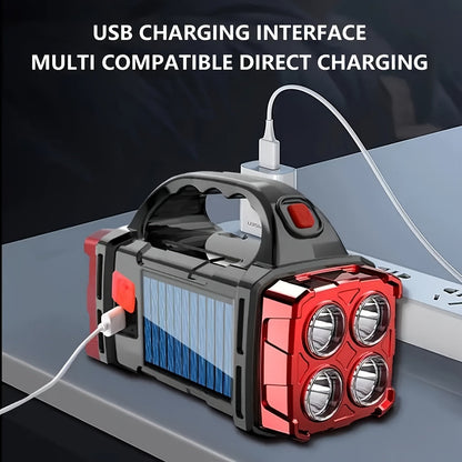 Solar Camping Lantern and Flashlight with COB Side Panels, Front Spotlights, Carry Handle and USB Port