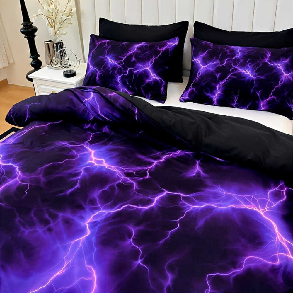 Duvet Cover Set 3 Piece Purple Lightning Digital Print – 100% Polyester Bedding Set with 2 Pillowcases, Twin Full Queen King