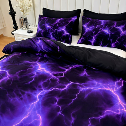 Duvet Cover Set 3 Piece Purple Lightning Digital Print – 100% Polyester Bedding Set with 2 Pillowcases, Twin Full Queen King