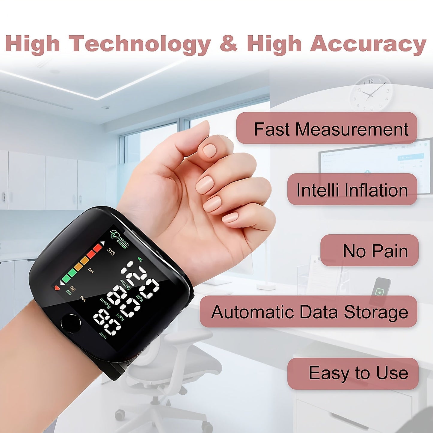 Wrist Blood Pressure Monitor Professional – Automatic BP Monitor with High-Precision LCD Display, Voice Language Prompts & Memory Function