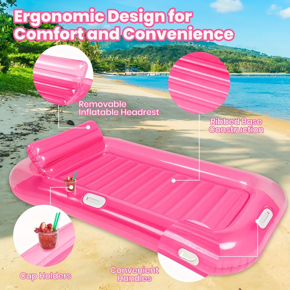Inflatable Pool Lounger Sunbed for Adults 84"x47", 2-in-1 Tanning Float with Cup Holders, Removable Headrest & Handles