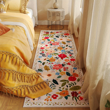 Area Rug for Bedroom, Bohemian Floral Plush Runner with Four Machine-Washable Sizes for Bedroom or Kitchen