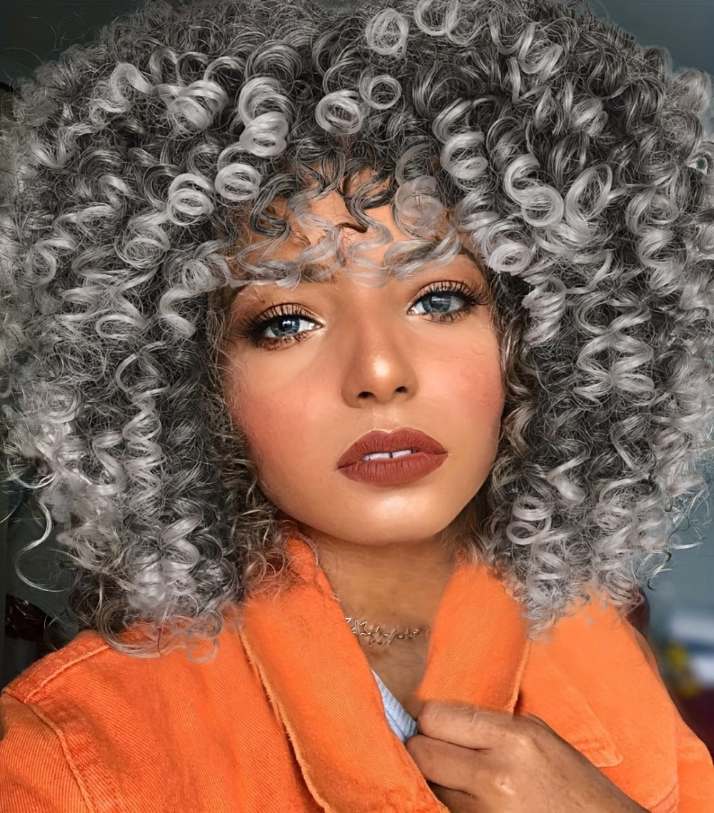 Synthetic Wig 14-Inch Kinky Curly Afro with Bangs, 180% Density and Stretch Net Cap for Daily Style