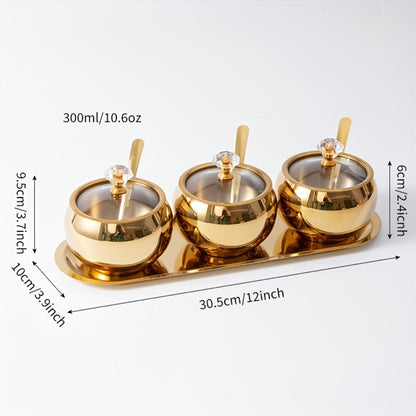 Golden Stainless Steel Seasoning Jar Set 2 or 3pcs Spice Containers with Lid and Spoon for Home Cooking, Dining and Outdoor Meals