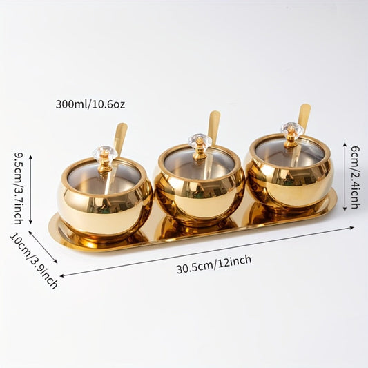 Golden Stainless Steel Seasoning Jar Set 2 or 3pcs Spice Containers with Lid and Spoon for Home Cooking, Dining and Outdoor Meals