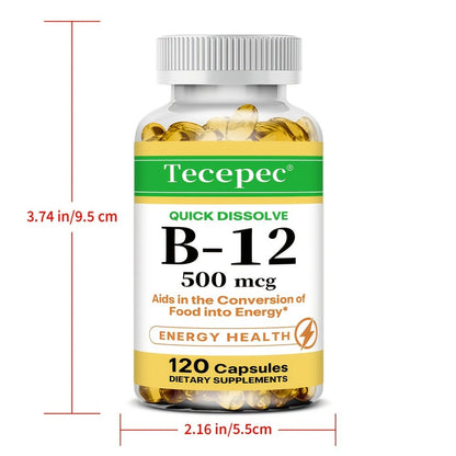 Vitamin B12 500mcg Capsules 120 Count for Women Men for Bath Time, Home Spa and Personal Care