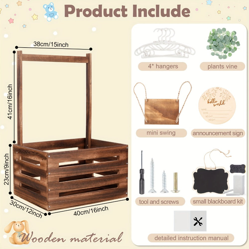 Wooden Gift Crate Basket with Handle and Garland Large Storage Organizer Baby Shower Pregnancy Announcement Christmas Party Decor
