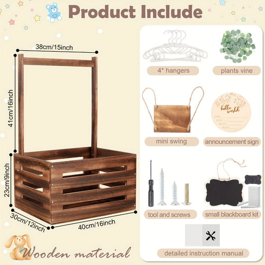 Wooden Gift Crate Basket with Handle and Garland Large Storage Organizer Baby Shower Pregnancy Announcement Christmas Party Decor