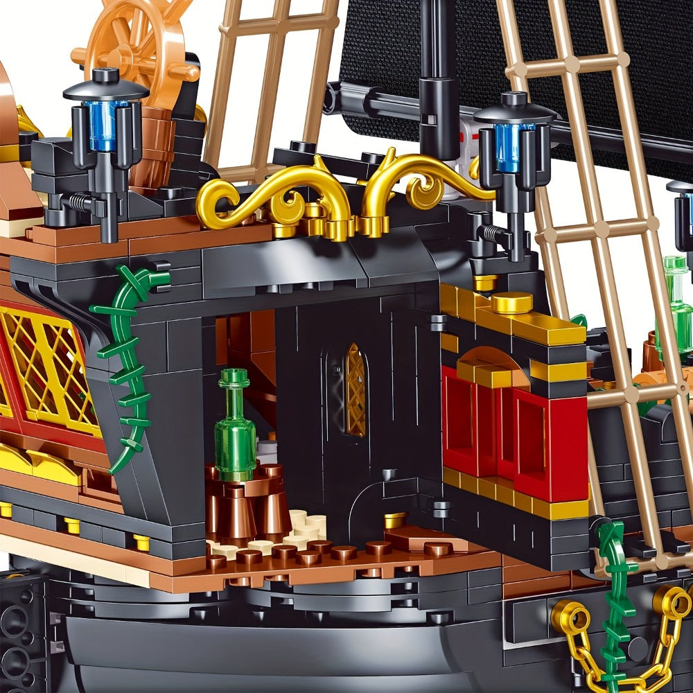 1282-Piece Pirate Ship Building Block Model with Black Sails, MY051 Checkout Code and Pictured 30.48 cm Length