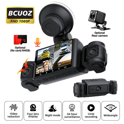 4-Channel 360° Dash Cam 1080P Front + 720P Rear Left Right All-Round Coverage, Quad-Screen Split Display, Night Vision, WDR, G-Sensor