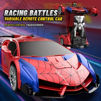 Remote Control Car, 1:18 Transforming Robot Model with Police or Spider Theme, One-Button Change, LEDs and 360° Drift