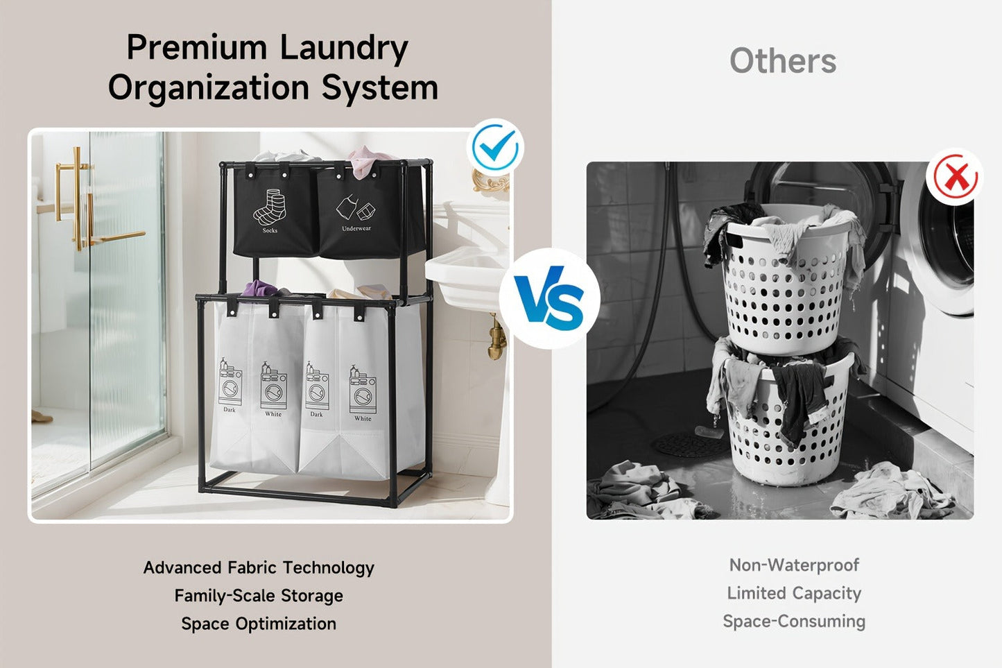 Laundry Sorter 2 Compartment Hamper – 2-Tier Metal Frame Laundry Hamper with Handles, Breathable Mesh Bags & Cable Ties