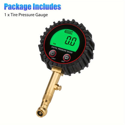 Digital Tire Pressure Gauge LCD 3-255 PSI – 4-Unit Display (PSI/Bar/KPa/kg㎡), Green Backlight, 360° Chuck, Auto Shut-Off for Cars, Trucks