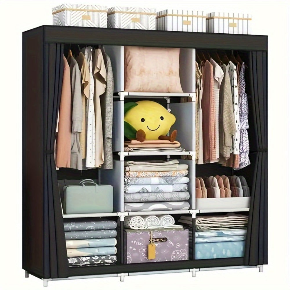 Portable Wardrobe Closet with Steel Frame & Non-Woven Shelves, Dustproof Clothes Storage Organizer