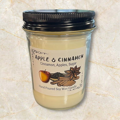 Apple Cinnamon Scented Soy Wax Candle in 8 oz Mason-Style Glass Jar with Black Lid, 4-Inch Height and 2.875-Inch Width