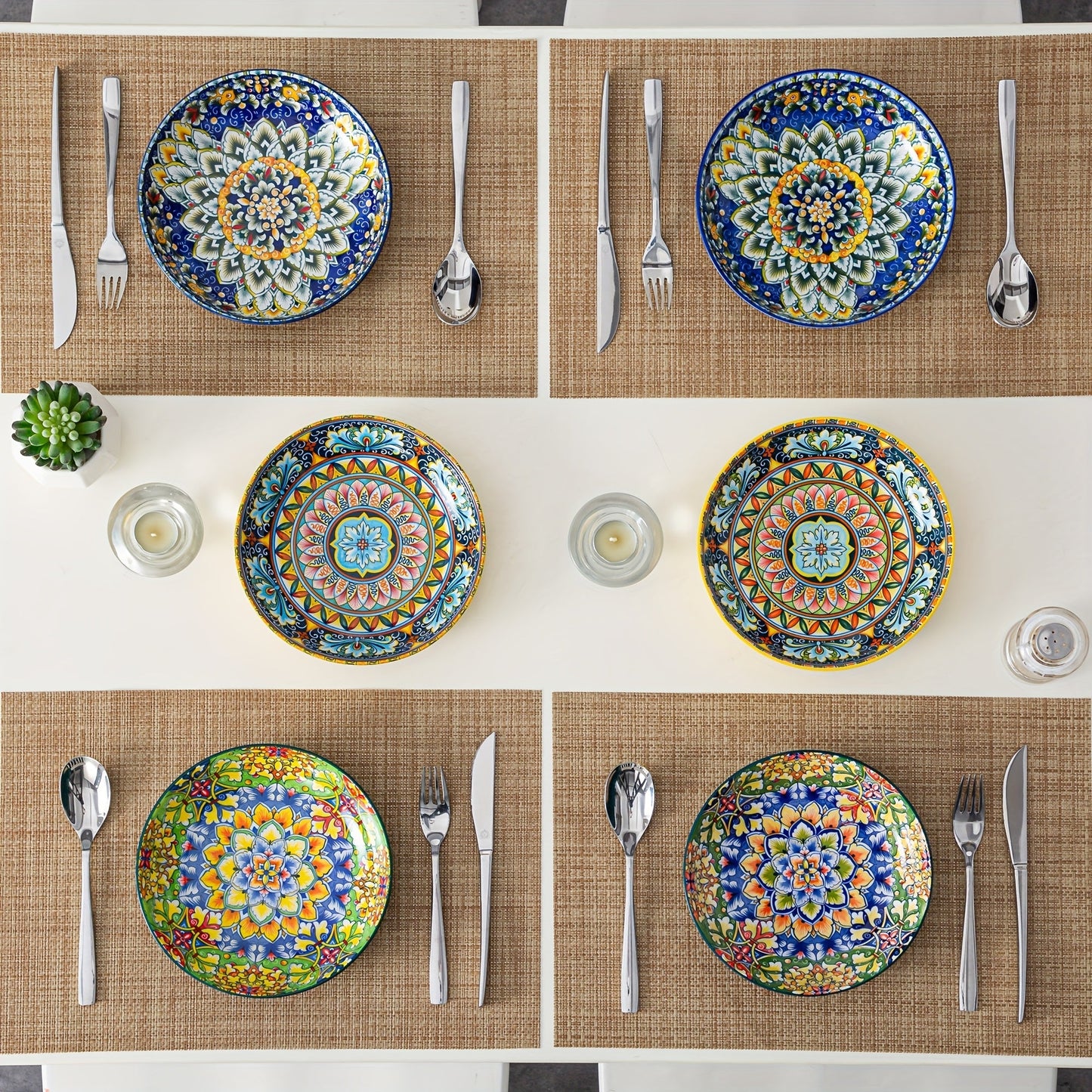 Bohemian Pasta Bowls Set of 6, 32 Oz Porcelain, Floral Pattern, Microwave &, VANCASSO for Entryways, Bedrooms and Living Spaces
