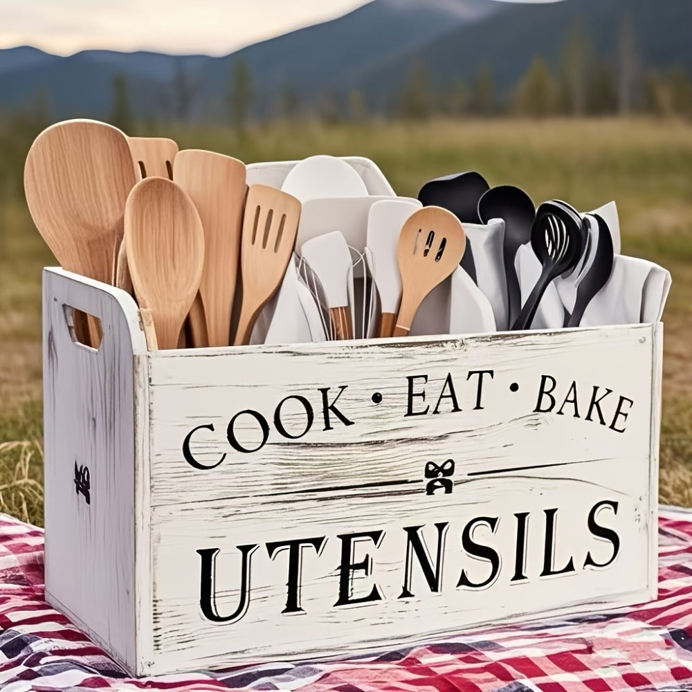 Kitchen Utensil Organizer – Extra Large Rustic Wooden Utensil Holder with 3 Compartments, Countertop & Wall Mounted Storage Rack for Cooking
