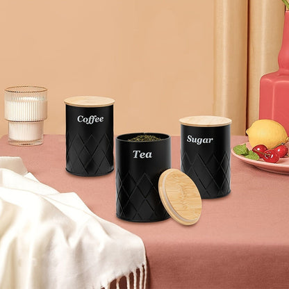 Bread Bin with 3-Piece Canister Set for Tea Sugar Coffee – Flip-Top Lid Kitchen Storage Containers Countertop Organizer Set