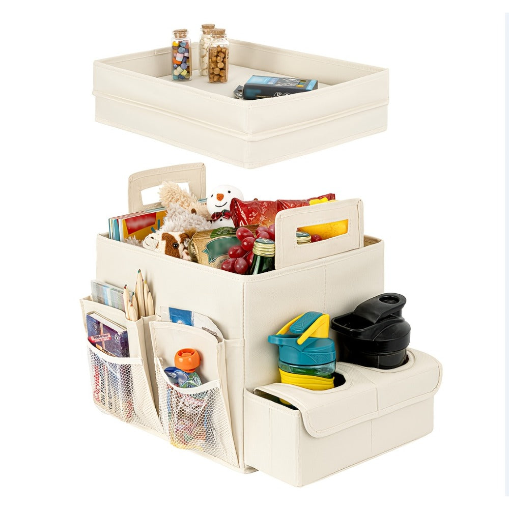 Seat-Top Car Organizer Box with Open Tray, Cup Recesses, Side Pockets and Four Size-Color Options