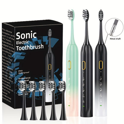 Sonic Electric Toothbrush IPX8 Waterproof USB Rechargeable with 5 Replacement Brush Heads, Smart Timer, Metal Shaft
